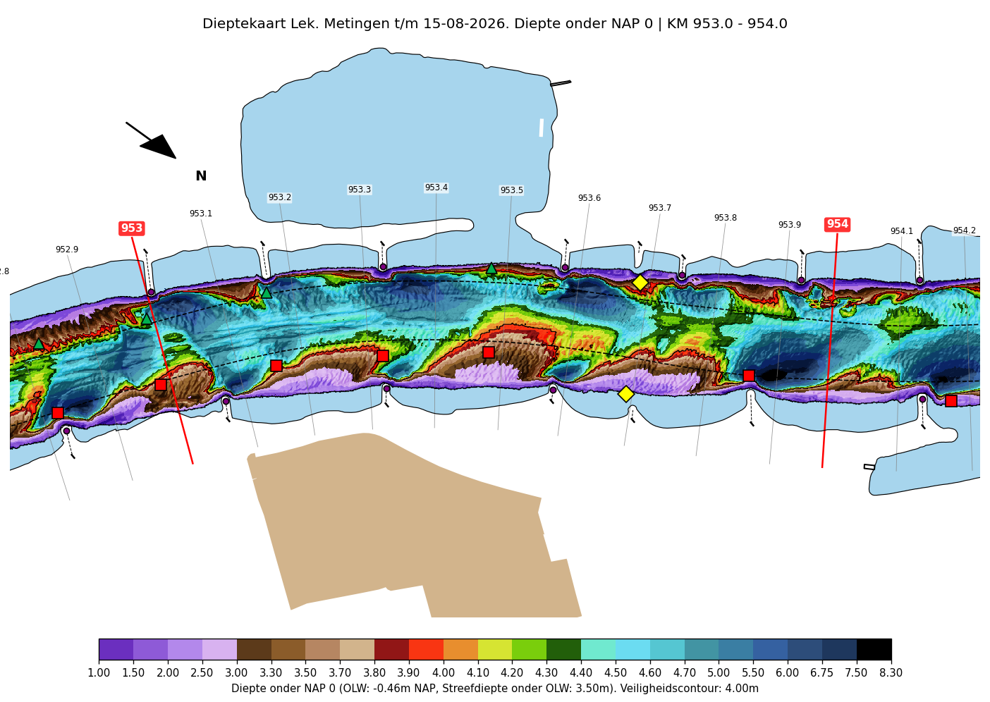 Tiefenkarte Lek km 953-954 mit der Untiefe bei Klaphek