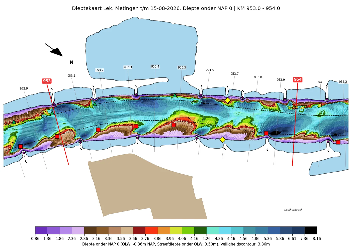 Tiefenkarte Lek km 953-954 mit der Untiefe bei Klaphek