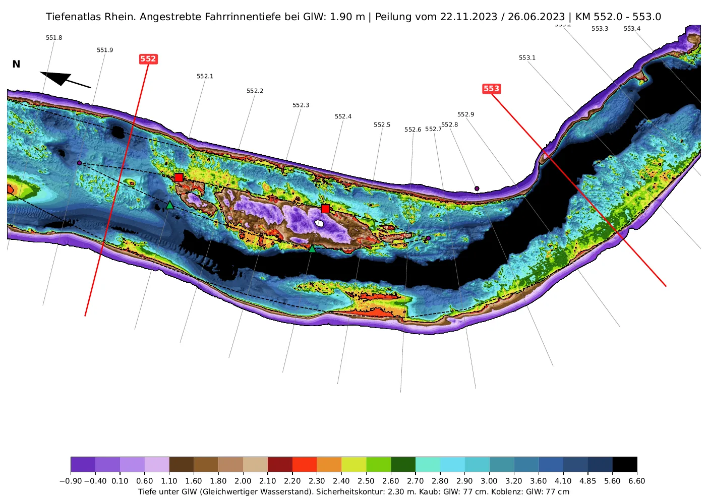 Tiefenatlas Rhein km 552-553 mit Kammereck- und Geisenrückenfahrwasser